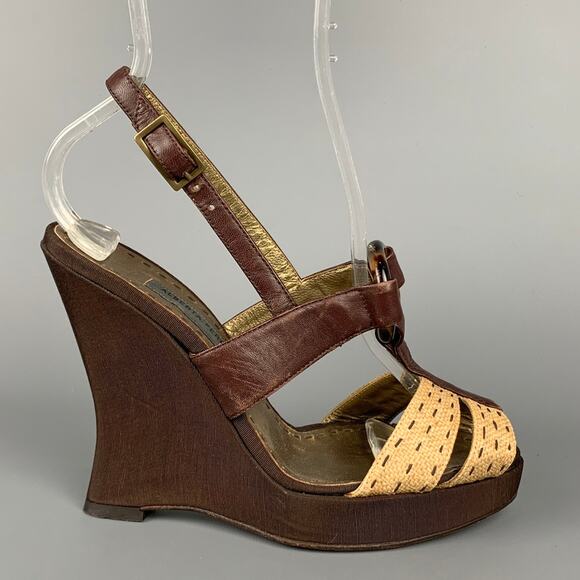 ALBERTA FERRETTI Size 6.5 Brown & Beige Silk Leather Wedge Sandals - Picture 1 of 7